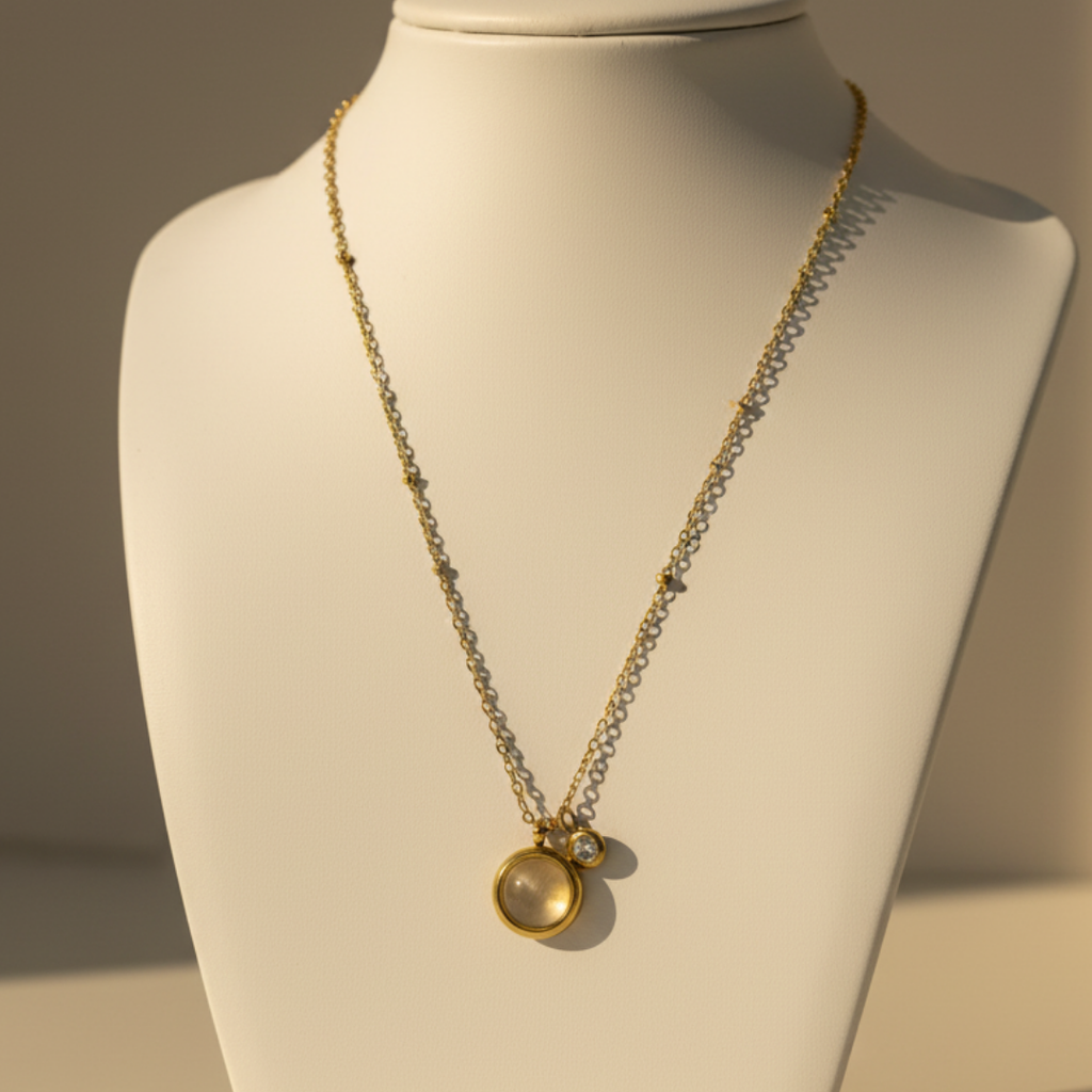 Gold Moonstone Pendant Necklace With Zircon Charm