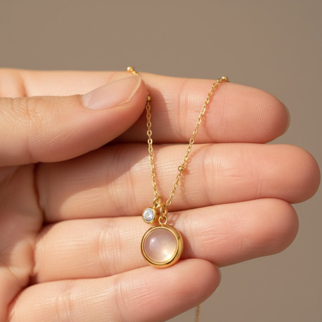 Gold Moonstone Pendant Necklace With Zircon Charm