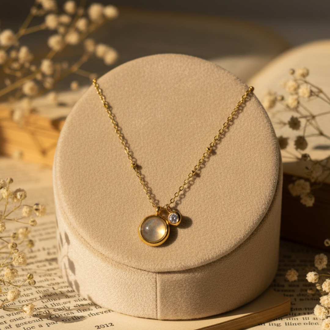 Gold Moonstone Pendant Necklace With Zircon Charm