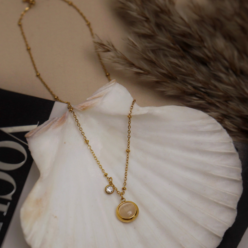 Gold Moonstone Pendant Necklace With Zircon Charm