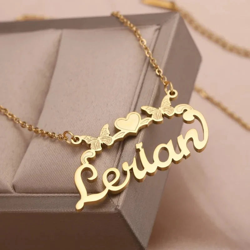 Personalised Single Name Necklace – Ribbon, Butterflies & Hearts Custom For Her Cute Unique Jewellery Gift.