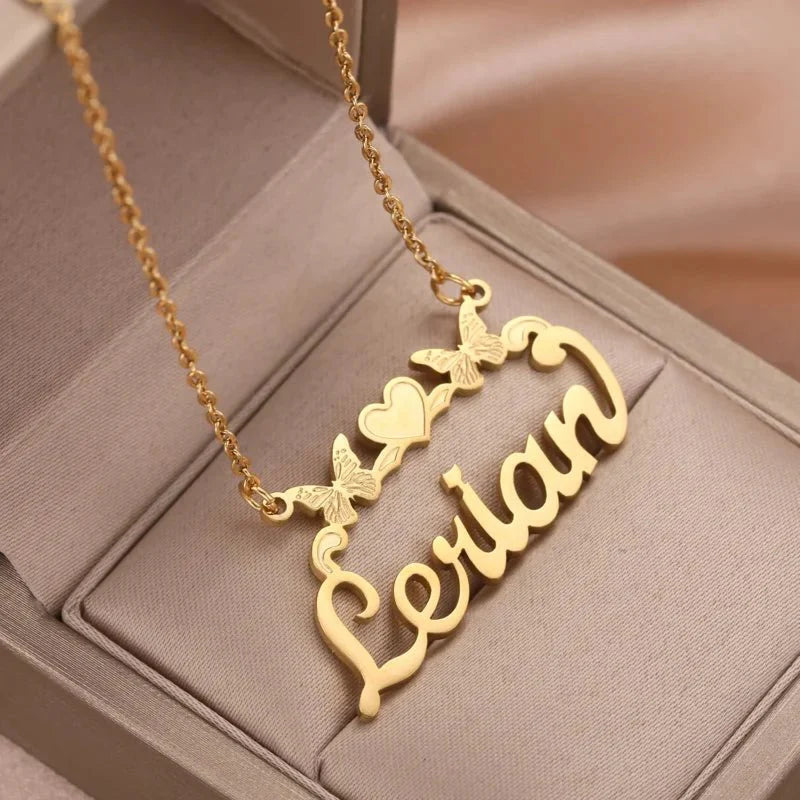 Personalised Single Name Necklace – Ribbon, Butterflies & Hearts Custom For Her Cute Unique Jewellery Gift.