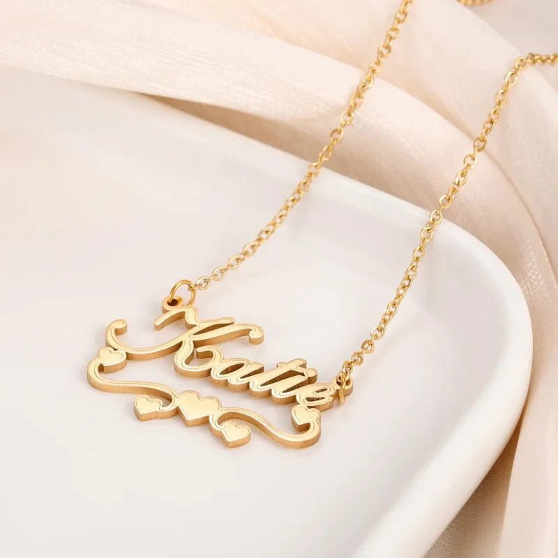 Personalised Single Name Necklace – Ribbon & Hearts Custom Cute Unique Jewellery Gift